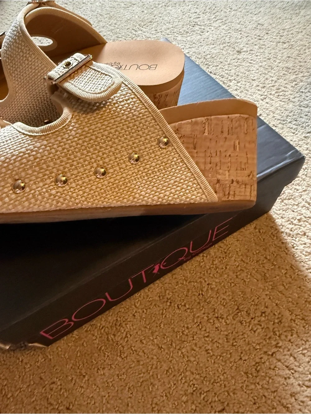 Cream Textured Wedge Sandal with Double Buckles